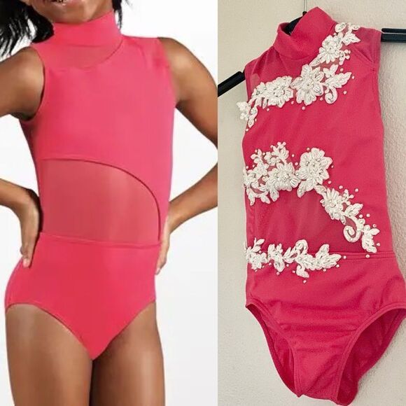 WEISSMAN Dance Costume solo custom coral hot pink custom Leotard MT11612 IC 7/8 - Picture 1 of 11